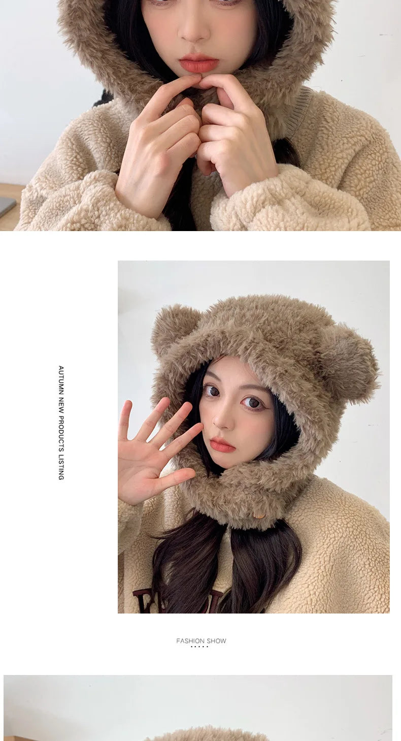 Plush bear ear hat woman winter thick cold lovely windproof neck protector scarf neck integrated hat