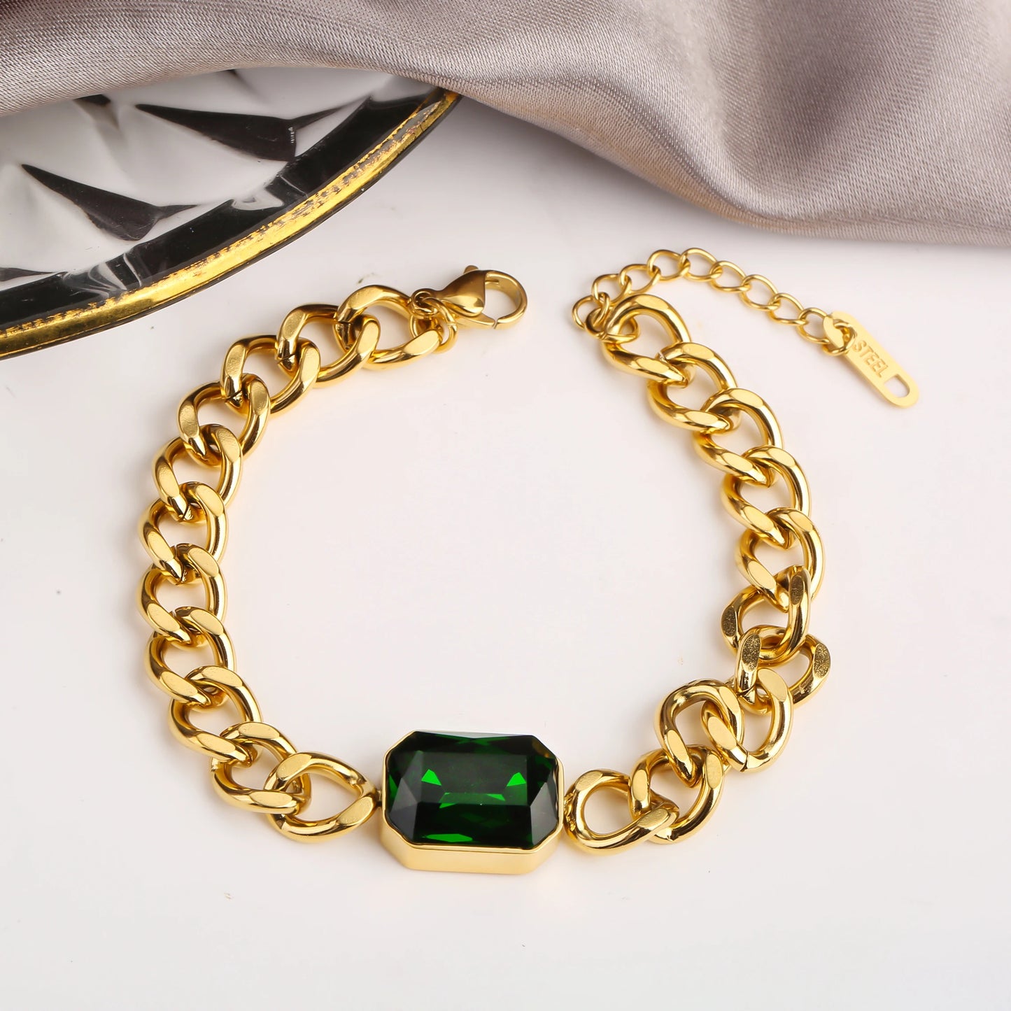 Personalized Rectangle Colorful Crystal Six-Sided Polished Cuban Chain Necklace Bracelet Set For Woman Stainless Steel Jewelry