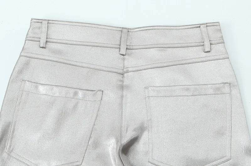 2024 Women Autumn Silver Wide Leg Fleece Pants Vintage High Waist Office Lady PU Female Trousers Women's Clothing Free Shipping