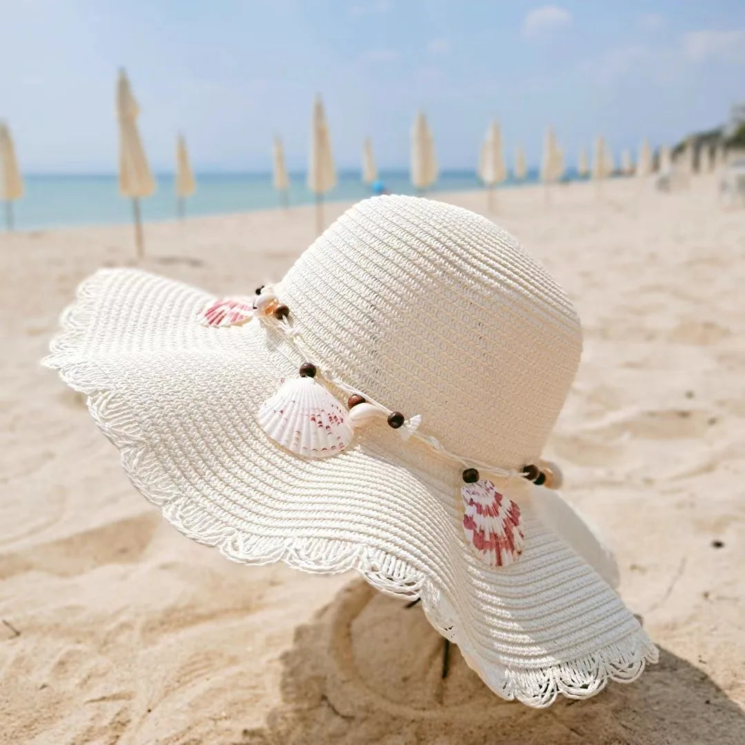 New Shell Accessories Fashionable Large Brim Women's Summer Straw Hat UV Resistant Sun Hat Sweet Beach Hat