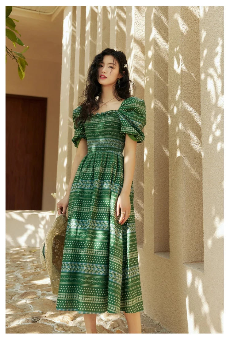 ARTKA 2023 Summer New Women Dress Vintage Print Green Square Collar Dresses Short Puff Sleeve A-line Long Dress Female LA92038X