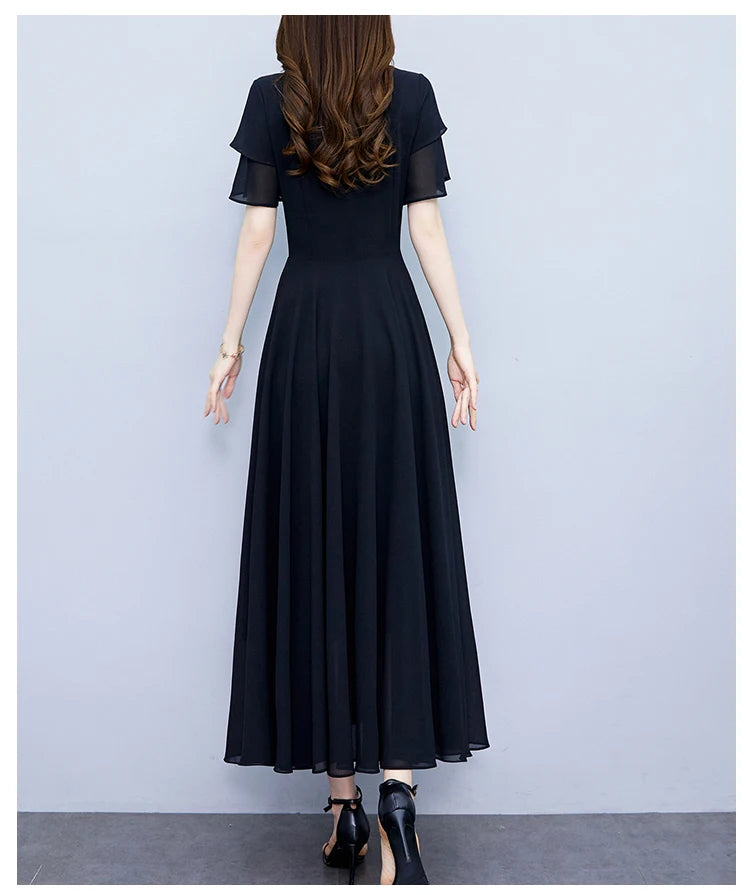 2024 Black Chic Ruffled Short Sleeve Midi Vestidos Women Vintage Hepburn Prom Long Robe Summer Solid Elegant Bodycon Party Dress