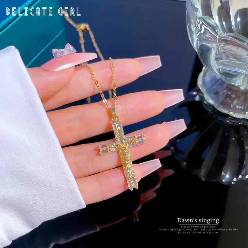 316L Stainless Steel Aesthetic Cross Necklace For Women Cubic Zirconia Clavicle Chains Pendants Party Gifts Jewelry Accessories