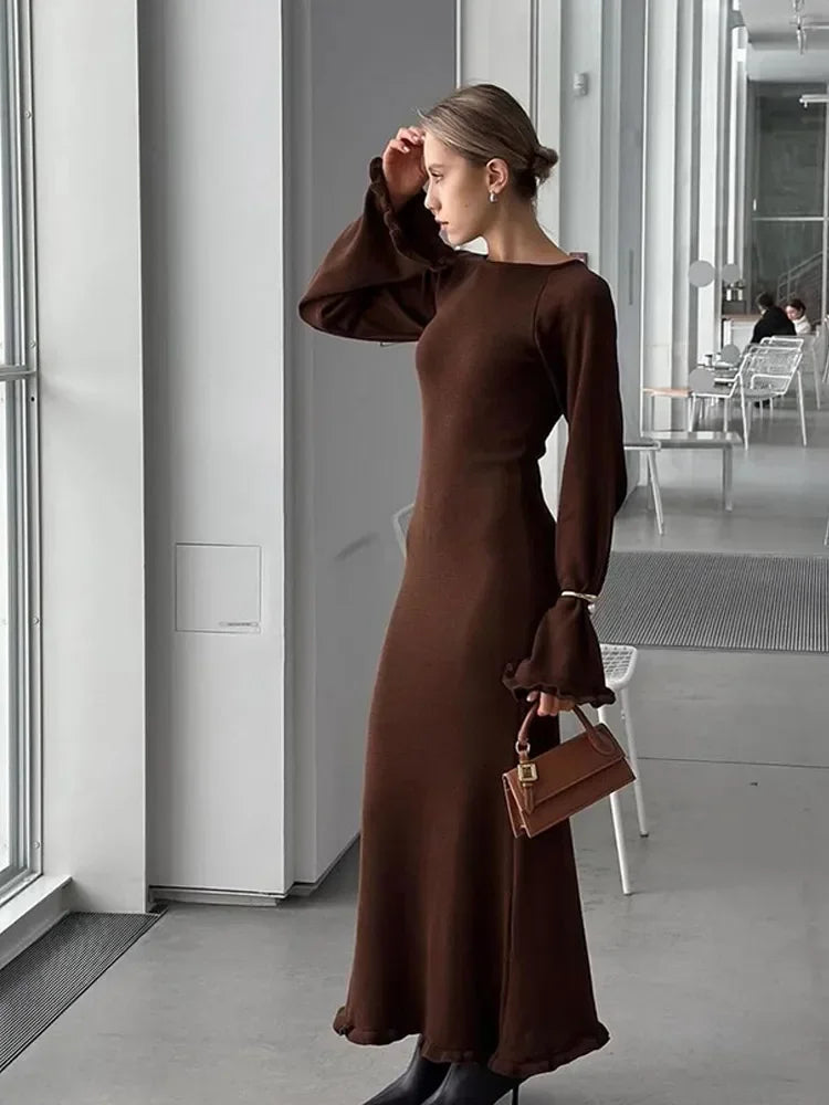 Elegant Roll Edge Party Dress For Women Long Sleeve O Neck Slim Flare Sleeve Long Robes 2025 New Lady High Street Evening Gown