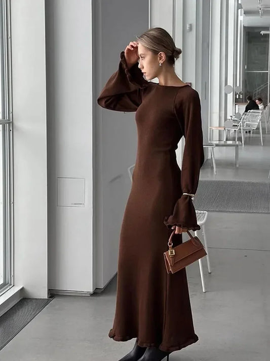 Elegant Roll Edge Party Dress For Women Long Sleeve O Neck Slim Flare Sleeve Long Robes 2025 New Lady High Street Evening Gown