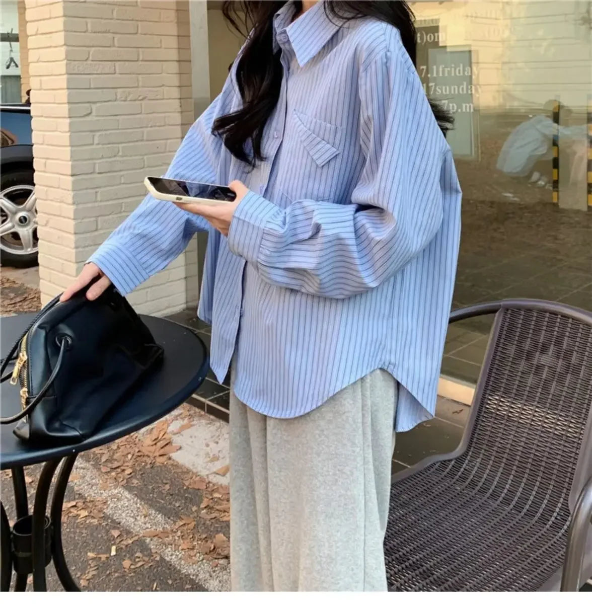 korean fashion Shirts for Women Loose Versatile Long Sleeves Blouse Pocket Casual Spring New Blue Striped Women's Shirt