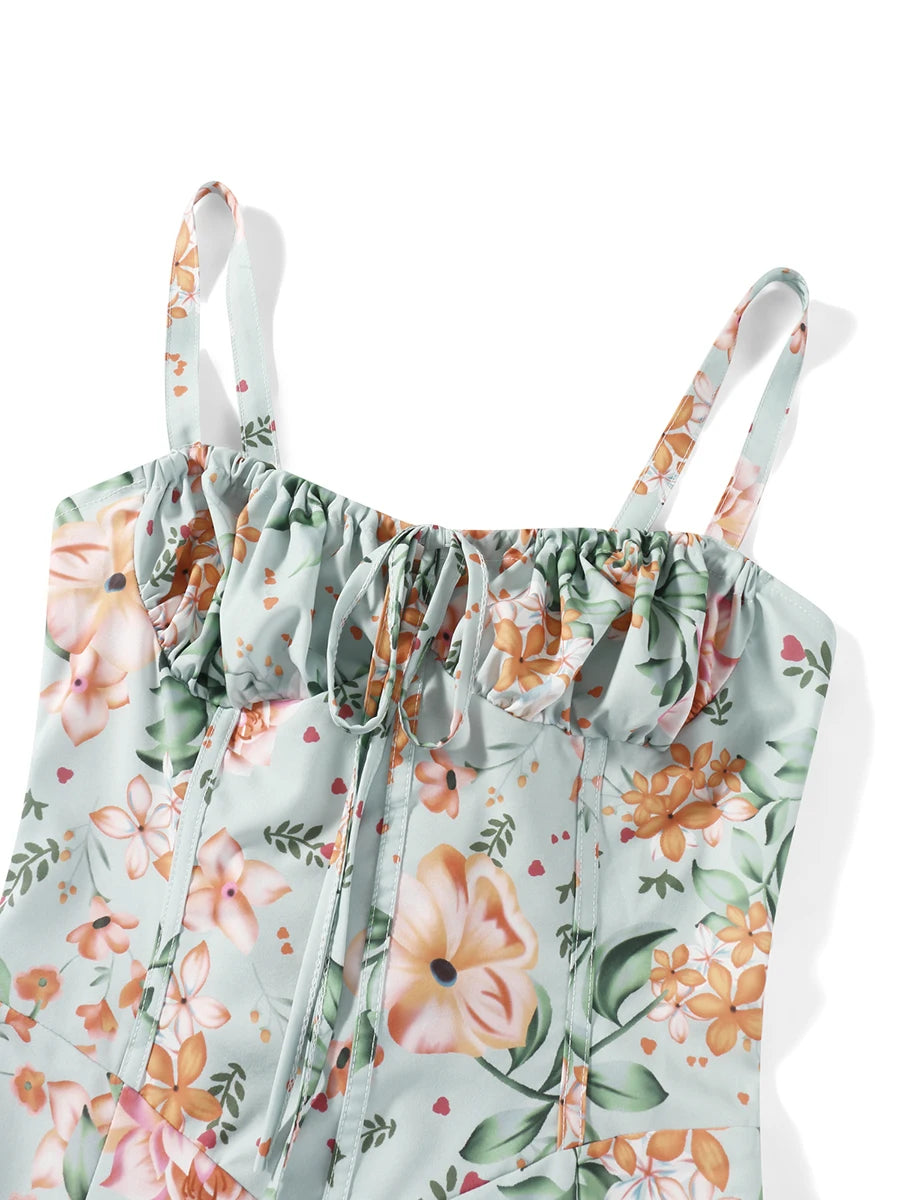 hirigin Floral Print Spaghetti Strap Pleated Midi Dress For Women Summer New Sleeveless Backless A-line Sexy Printed Long Dress