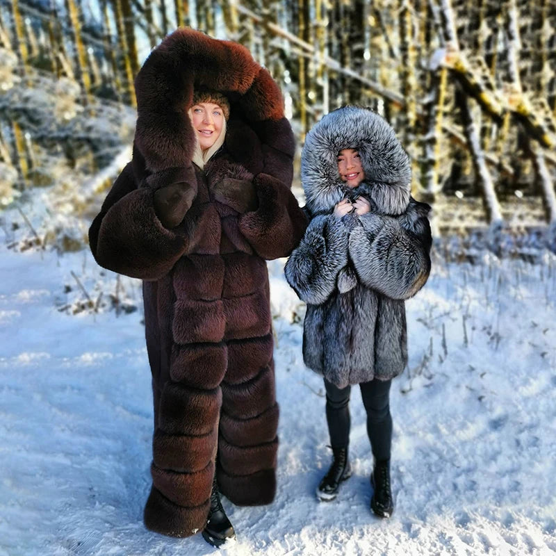 Genuine Full Pelt Fox Fur Jacket Women Winter Vintage Wine Red Hooded Straight Outertwear Luxury Real Fox Fur Coats Female