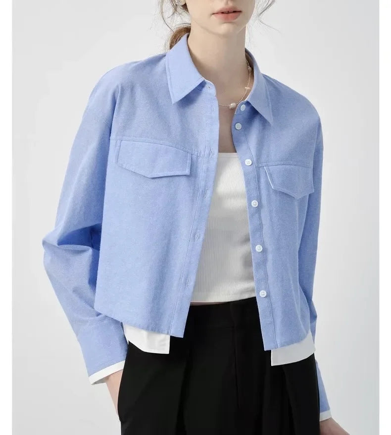 Blue Long Sleeve Women's Shirt Short Style College Style Fake Two-Piece Spring Autumn New Arrival Polo Collar Button up Top