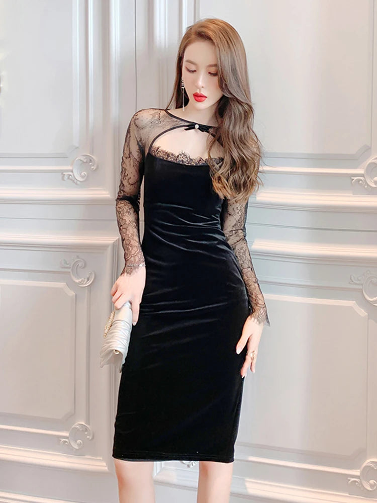 Spring Quality Elegant Sexy Dresses for Women 2023 Black Sheer Lace Hollow Cut Out Backless Midi Robe Femme Party Date Vestidos