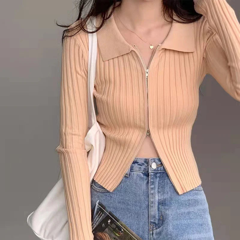 Elegant Korean Knitted Sweater Sexy Lapel Zipper Up Cardigan Women Vintage Harajuku Slim Coat Casual Ribbed Knit Cropped Tops