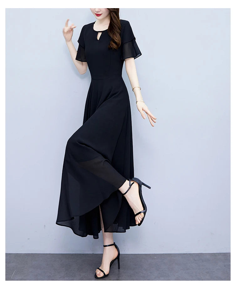2024 Black Chic Ruffled Short Sleeve Midi Vestidos Women Vintage Hepburn Prom Long Robe Summer Solid Elegant Bodycon Party Dress