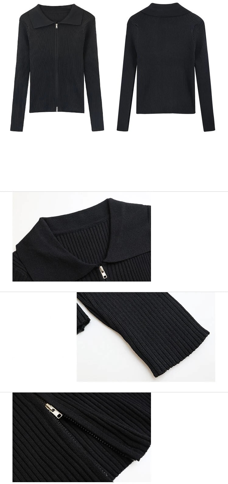 Elegant Korean Knitted Sweater Sexy Lapel Zipper Up Cardigan Women Vintage Harajuku Slim Coat Casual Ribbed Knit Cropped Tops