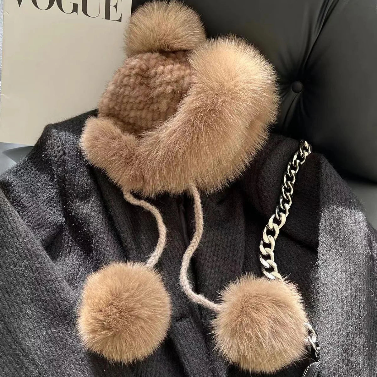 Real Mink Fur Hat For Women Winter Natural Fur Lei Feng Hat With Fox Fur Ball Thicked Ear Protection Hat Female Hand Knitted Hat