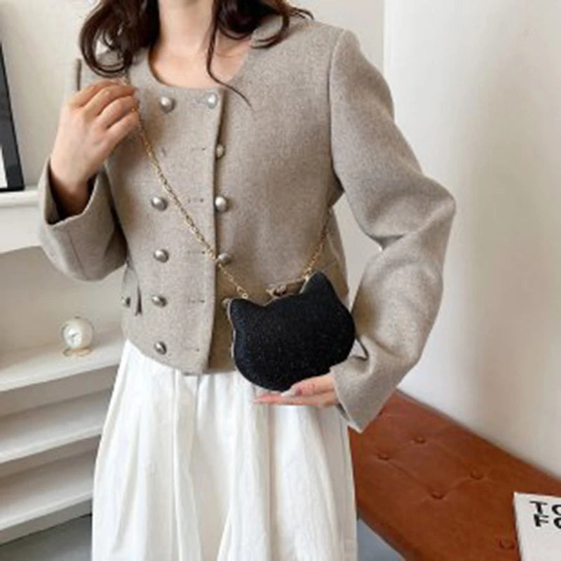 Fashion Ladies Clutch Bag Small Cat Shoulder Handbags Female Party Wedding Shine Evening Bag For Women Diamond Phone Chain Purse