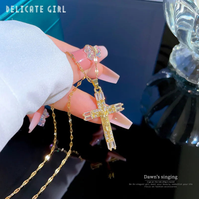 316L Stainless Steel Aesthetic Cross Necklace For Women Cubic Zirconia Clavicle Chains Pendants Party Gifts Jewelry Accessories