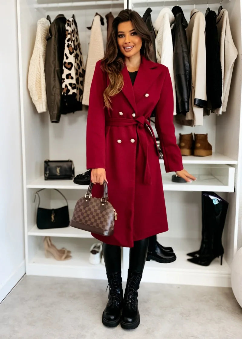 Women's Woolen Coat Autumn Winter Vintage Elegant Double Breasted Trench Coat Women Brown Long Sleeved Midi Windbreaker Jacket