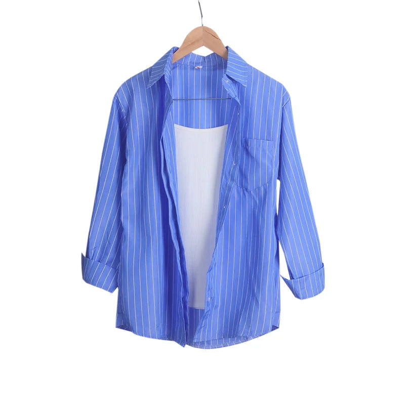 Sun Protection Korean Style Women's Clothing Spring and Summer Stripe Long Sleeve Blouses Outdoor Cardigan Clothes Shirts