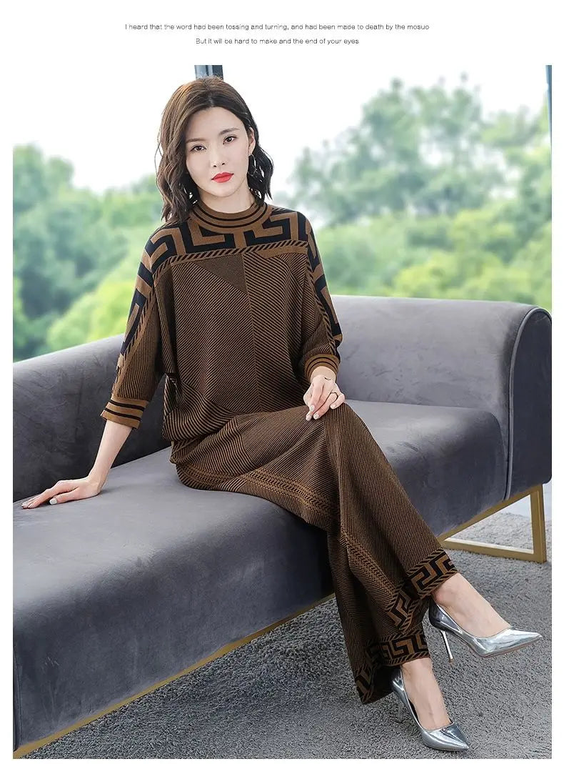 Two piece Women's Knitwear Casual Sets 2025 Spring Autumn New Loose Fashion Temperament Pullover Tops+Wide leg Pants Female