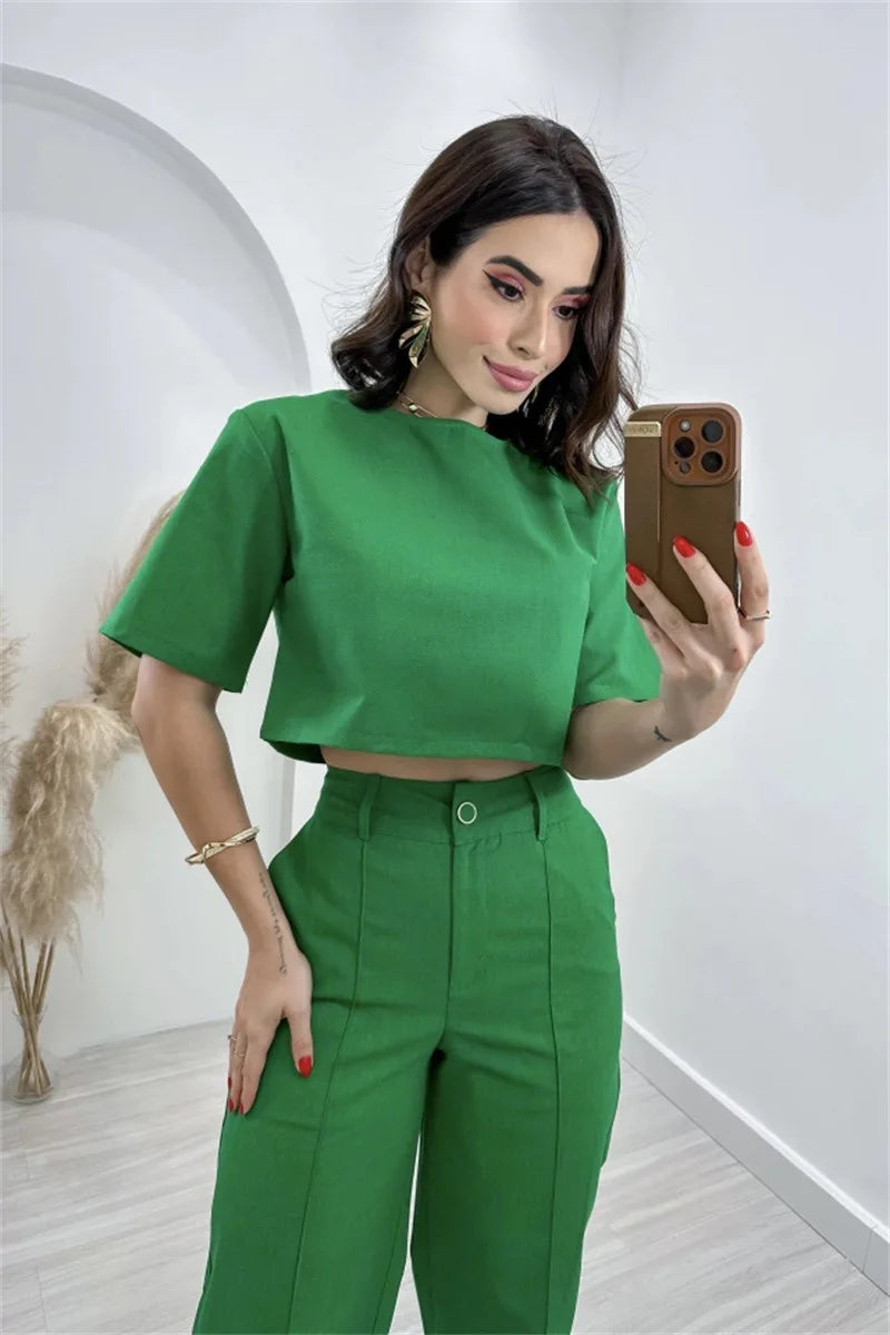 Casual New In Matching Two Piece Sets Women Summer 2024 Fashion Short Sleeve T-shirt Crop Tops High Waist Wide Leg Pant Sets