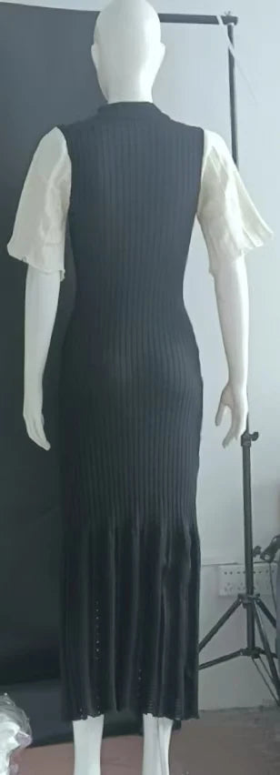 Elegant Knitted Single Breasted Midi Dress Women's Patchwork Dresses Female 2025 Summer Robe New Black Beige Robes Evening Party