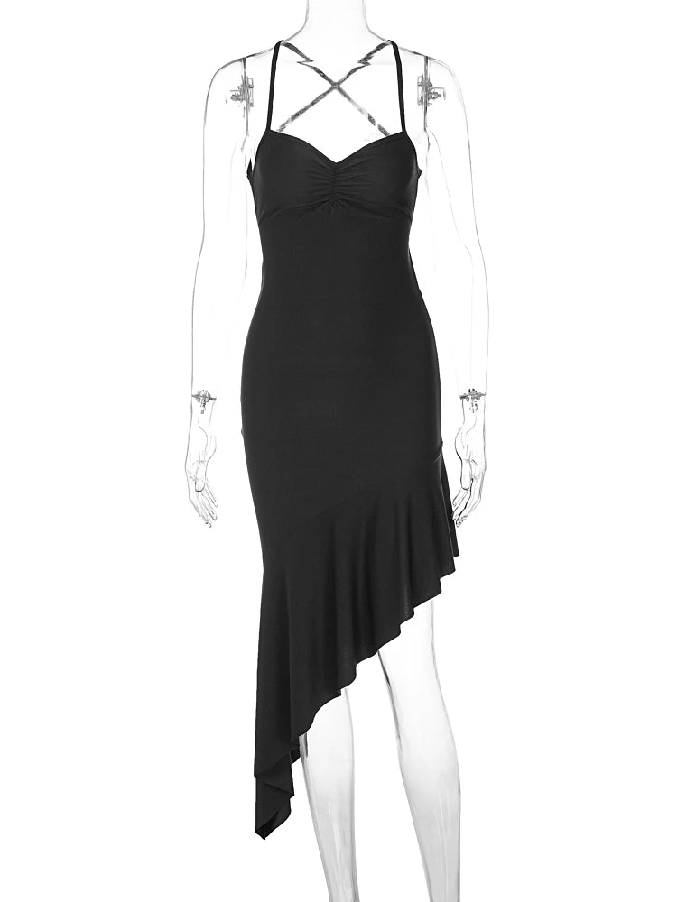 Hugcitar Square Collar Slips Backless Draped Lace Up Pleated Irregular Sexy Midi Dress 2024 Spring New Outfits Festival Party