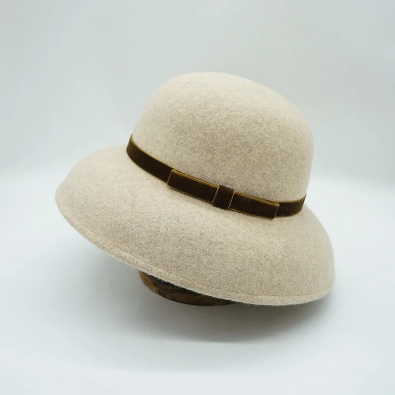 Autumn and Winter 100% Wool Hat Bell Hat Women's French Elegant Retro Hepburn Round Top Big brim Hat