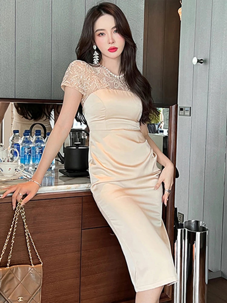 Summer Women Midi Dress Elegant Sheer Lace Satin Panel Shiny Diamond Sequins Pleated Slit Slim Lady Outfit Party Office Vestido