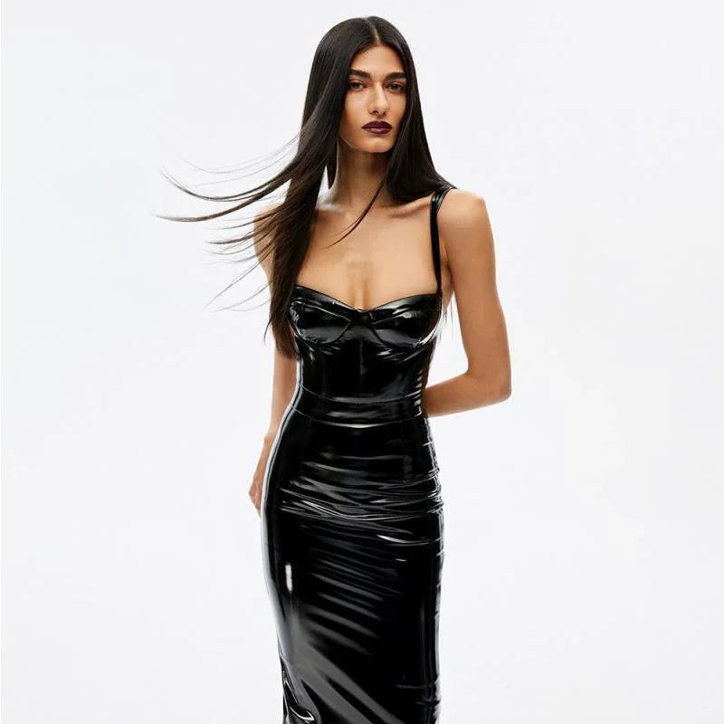 Shiny Patent Leather Sleeveless Tank Dress Women Stretch Slim PU Long Dress Ladies Party Bodycon Dress Clubwear New Custom