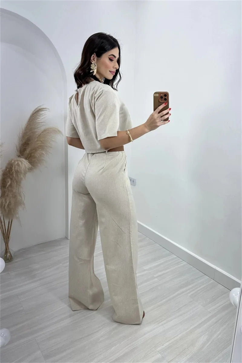 Casual New In Matching Two Piece Sets Women Summer 2024 Fashion Short Sleeve T-shirt Crop Tops High Waist Wide Leg Pant Sets