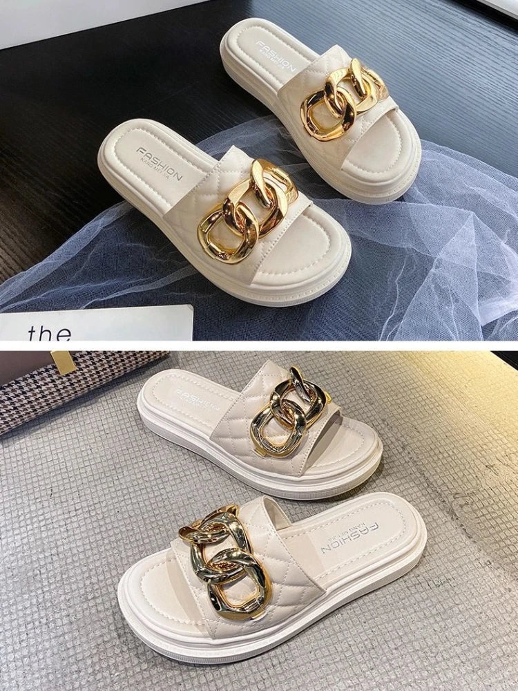 Net Red Fashion Thick Bottom Sandals And Slippers Women's All-match Summer Casual Metal Buckle One-word Slippers