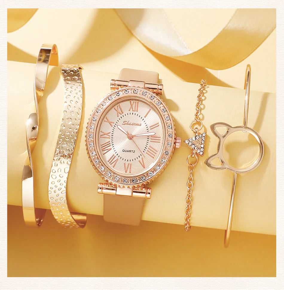 Women's Fashion Quartz Watch Luxury Leather Band Analog WristWatch Ladies Watch Women Dress Bracelet Set Reloj Mujer Clock