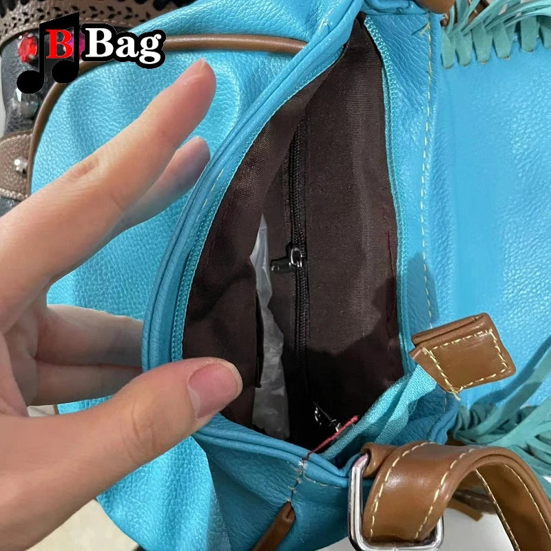 Vintage PU Leather Tassels Bags Y2K Women Girl Gemstone Fringed Shoulder Bags Female Punk Cross Messenger Bags phone bag