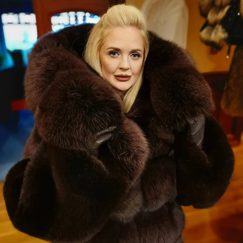 Genuine Full Pelt Fox Fur Jacket Women Winter Vintage Wine Red Hooded Straight Outertwear Luxury Real Fox Fur Coats Female