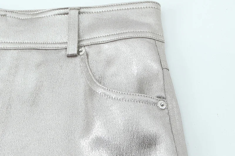 2024 Women Autumn Silver Wide Leg Fleece Pants Vintage High Waist Office Lady PU Female Trousers Women's Clothing Free Shipping