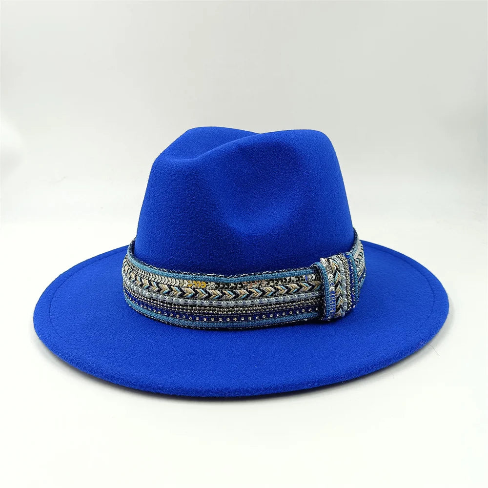 Blue Fedora Hat Pearl Rhinestone Design for Men and Women Panama Church Cap Fashionable Elegant Vintage Felt Hat fedoras