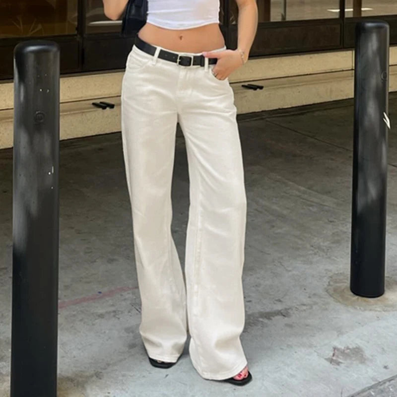 SUCHCUTE White Straight Leg Jeans for Women Casual Low Waisted Slim Denim Pants Fashion All-Match Trousers Streetwear Bottoms