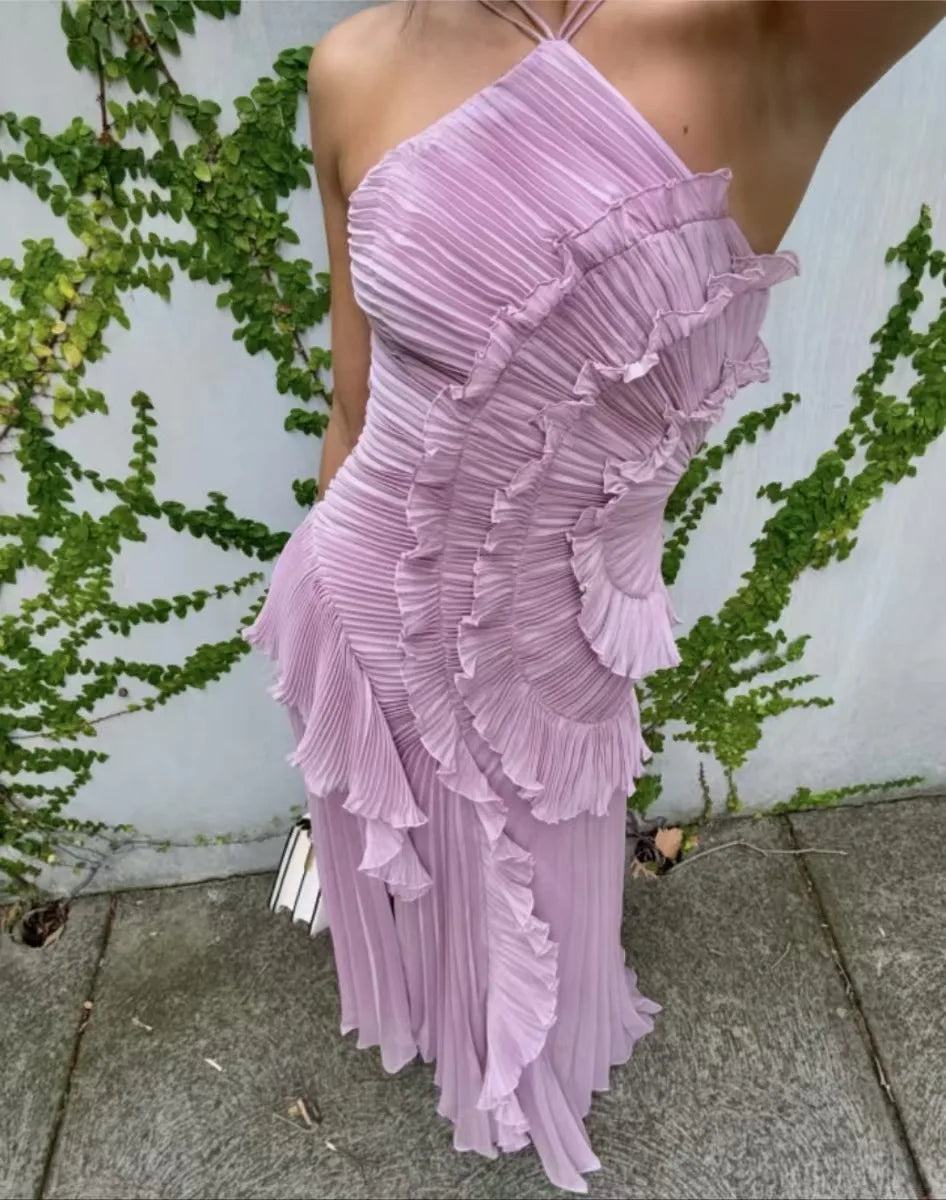 Purple Ruffle Irregular Maxi Dress for Women Sexy Halter Backless Party Dresses Summer Fashion Chiffon Holiday Fairy Dress 2025