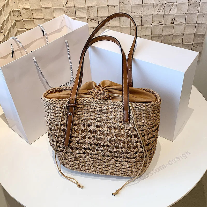 Summer Woven Straw Bucket Bag For Women Travel Beach Bags Large Capacity Armpit Bags Bohemia Knitted Shopping Totes Bolsa sac