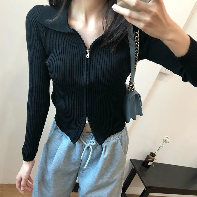 Elegant Korean Knitted Sweater Sexy Lapel Zipper Up Cardigan Women Vintage Harajuku Slim Coat Casual Ribbed Knit Cropped Tops