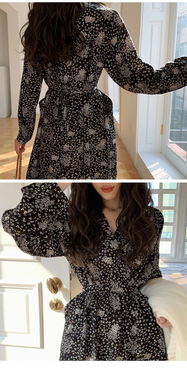 ARTKA 2023 Spring New Women Dress Elegant Loose Puff Sleeve Prints Dresses V-Neck High Waist A-Line Chiffon Long Dress A22LA055C