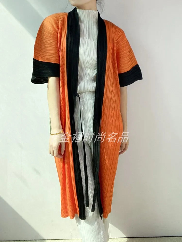 Women Printed Trench Miyake Pleated Fashion Printed Loose Plus Size Japan Style Belt Female Long Coats Tide