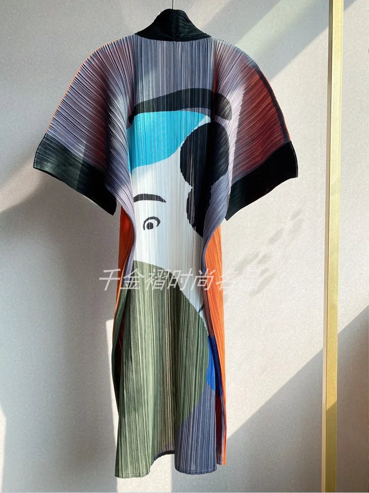 Women Printed Trench Miyake Pleated Fashion Printed Loose Plus Size Japan Style Belt Female Long Coats Tide