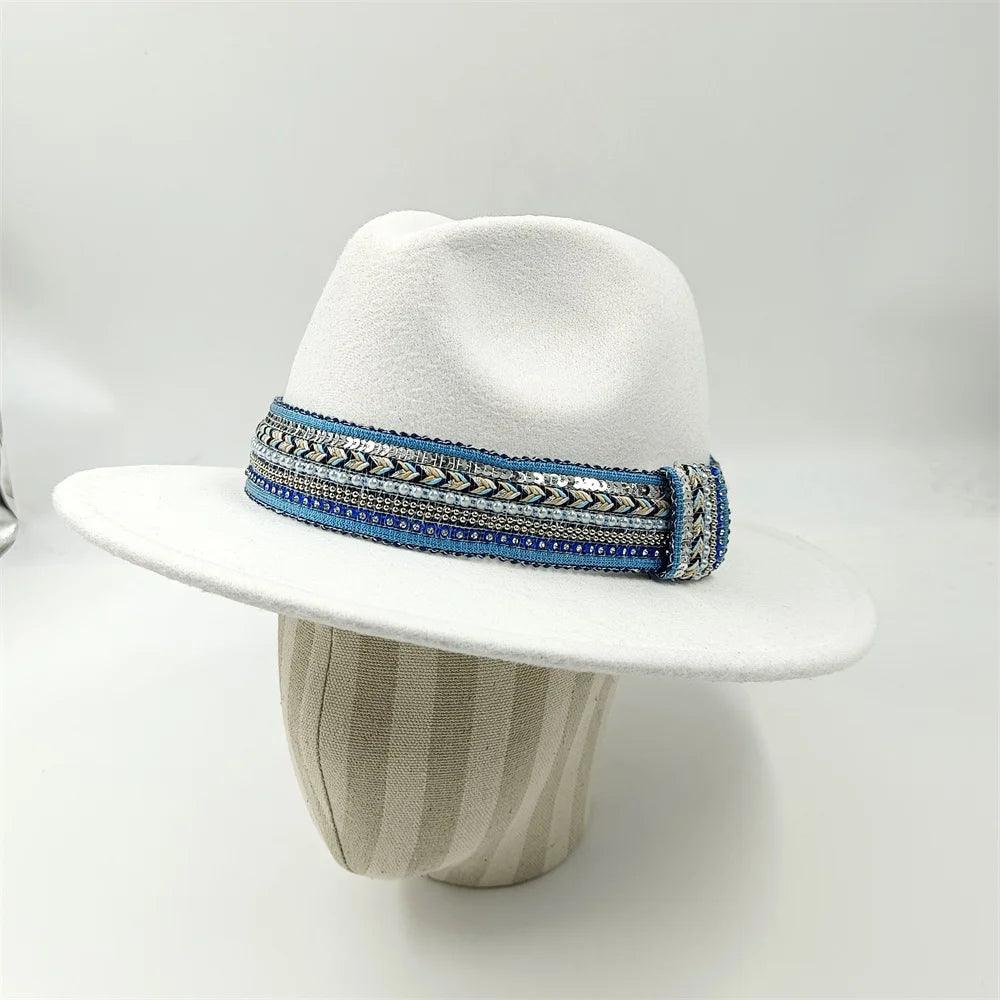 Blue Fedora Hat Pearl Rhinestone Design for Men and Women Panama Church Cap Fashionable Elegant Vintage Felt Hat fedoras