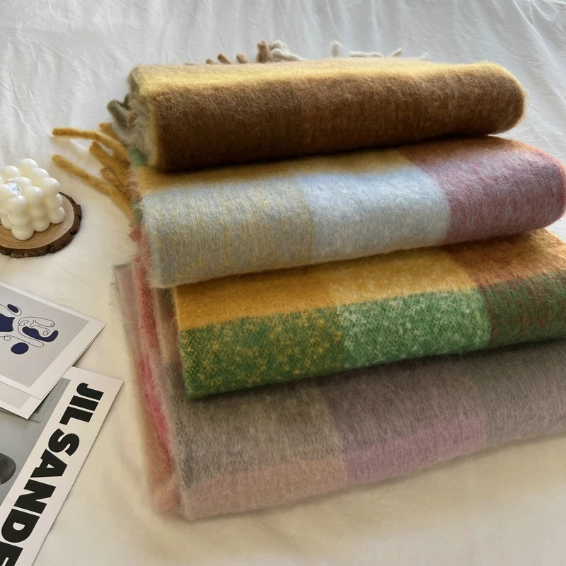 Winter Multicolor Stripe Scarf Cashmere Thick Shawl Women Long Winter Warm Pashmina Wraps with Tassel Scarf For Women