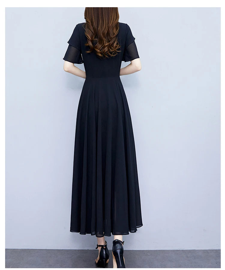 2024 Black Chic Ruffled Short Sleeve Midi Vestidos Women Vintage Hepburn Prom Long Robe Summer Solid Elegant Bodycon Party Dress
