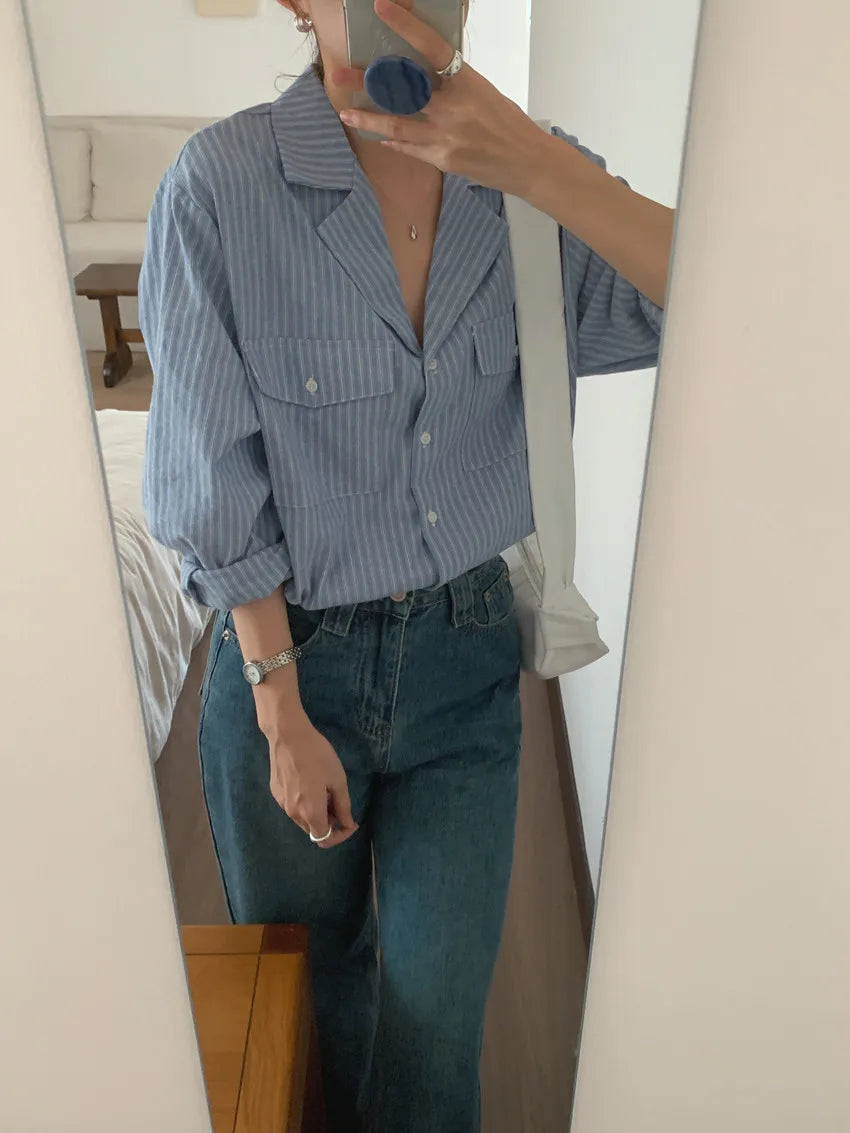 Chic Autumnal Vintage Loose Fit Long Sve Blue Striped irt Women's Faion Versatile Double ket Suit Collar Outfit