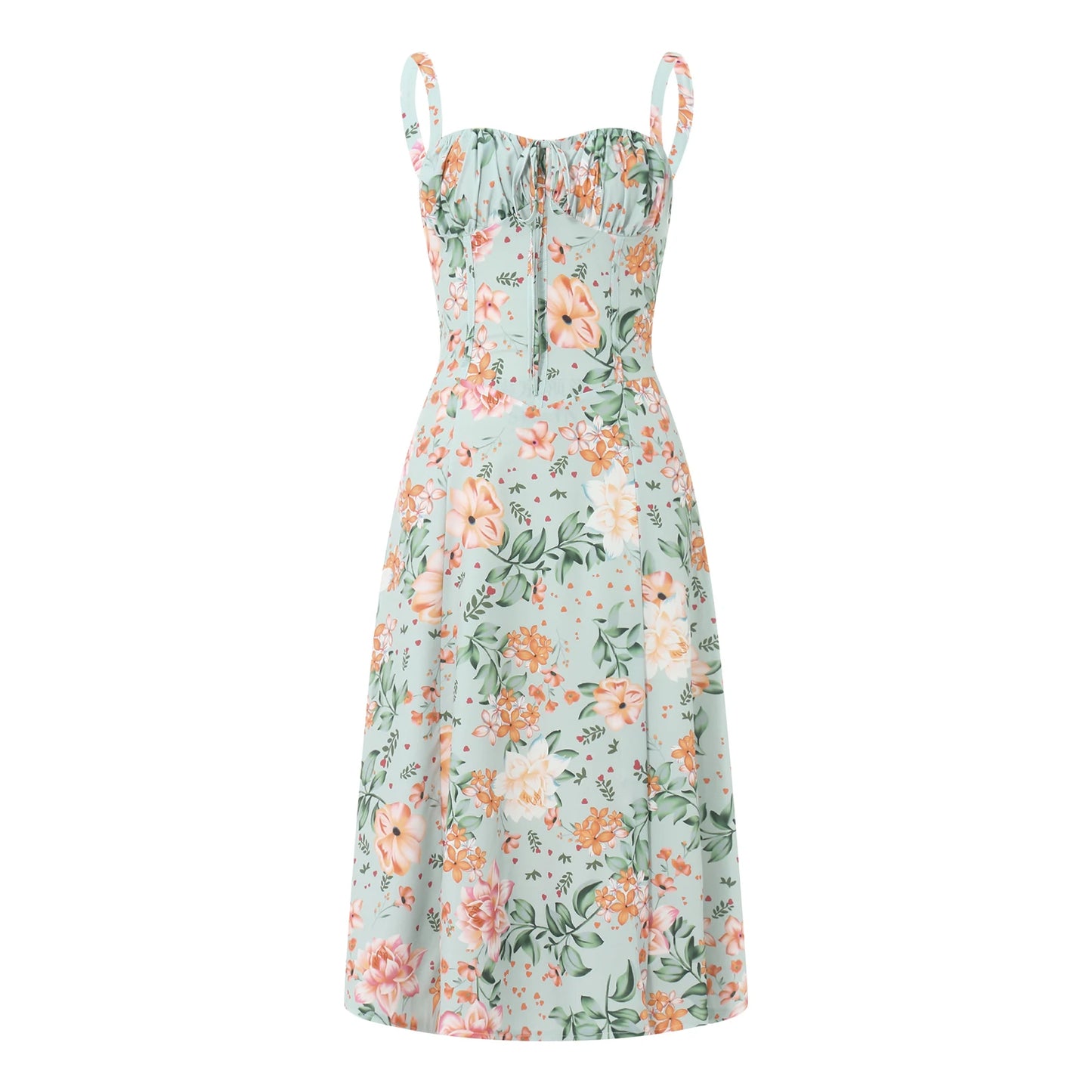 hirigin Floral Print Spaghetti Strap Pleated Midi Dress For Women Summer New Sleeveless Backless A-line Sexy Printed Long Dress