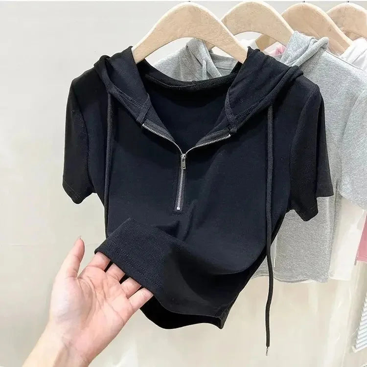 Hoodedslims Women's Double Zip Short Sleeve T-Shirt Cropped Top Sensible Design Polyester Fiber Summer 2025 New Arrival Jacket
