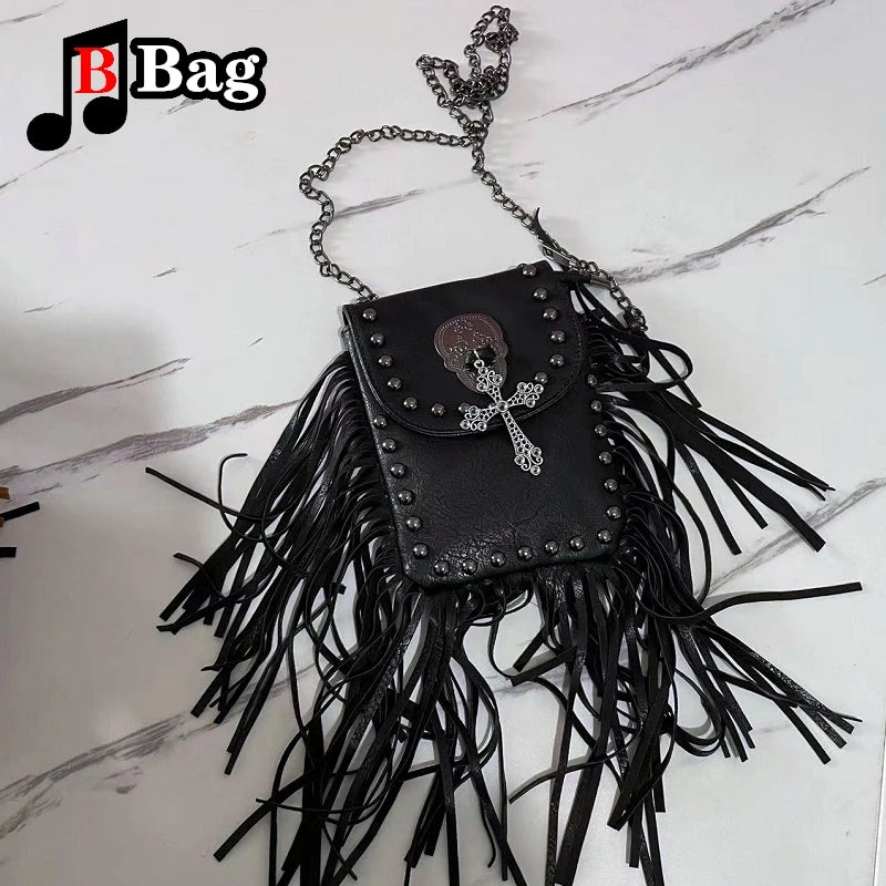 Vintage PU Leather Tassels Bags Y2K Women Girl Gemstone Fringed Shoulder Bags Female Punk Cross Messenger Bags phone bag